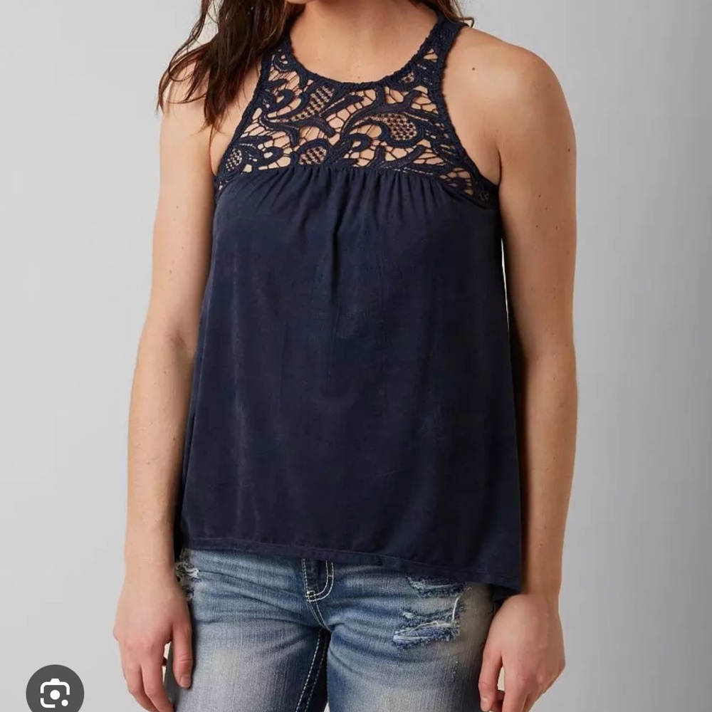 Blue suede lace cutout detail high neck sleeveless tank top blouse XL NWOT